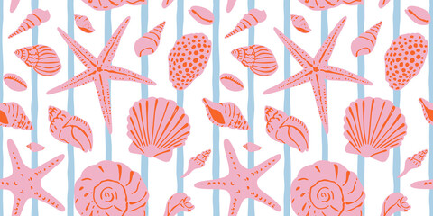 Diverse tropical beach sea shell seamless pattern. Summer marine animal background design. Vacation travel concept. Ocean snail collection flat cartoon backdrop illustration. © Dedraw Studio