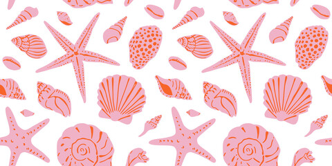 Diverse tropical beach sea shell seamless pattern. Summer marine animal background design. Vacation travel concept. Ocean snail collection flat cartoon backdrop illustration. © Dedraw Studio