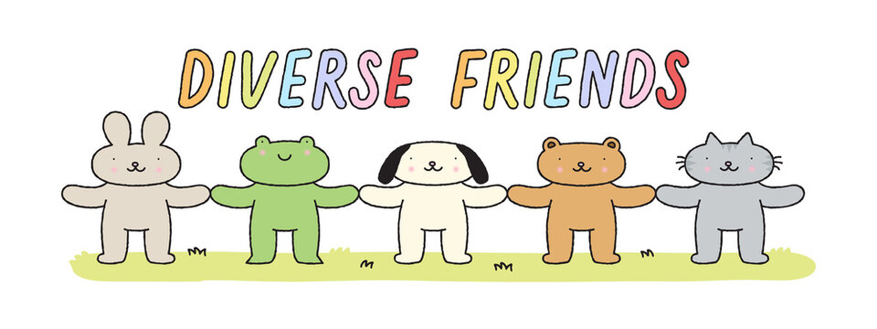 Cute animal cartoon character group holding hands illustration. Funny hand drawn diverse animals team, children mascot drawing. Includes dog, cat, bear and bunny. Teamwork concept graphic for kids.