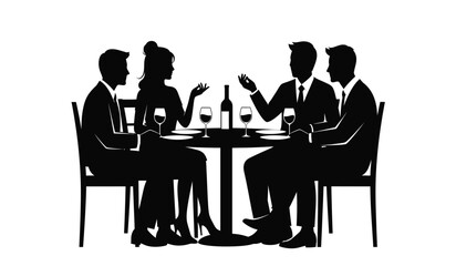 Fototapeta premium group of four people dining at a table with wine glasses black silhouette high quality professional detailed modern elegant stylish clean crisp vibrant colorful