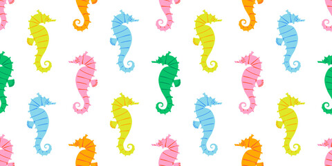 Colorful seahorse animal seamless pattern. Summer background design. Vacation travel concept. Sea horse flat cartoon backdrop illustration. © Dedraw Studio
