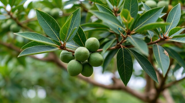 Small unripe sandalwood drupes hang from slender woody stems with diffuse green foliage in distance.