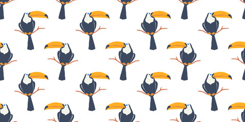 Obraz premium Retro toucan bird summer seamless pattern. Hand drawn style tropical background illustration. Vintage exotic nature textile print, jungle animal texture.