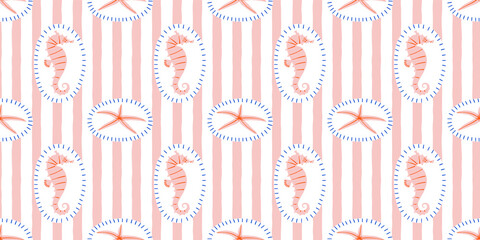 Vintage seahorse seamless pattern. Marine star fish background illustration in hand drawn style. Retro beach surface print design, summer vacation texture. © Dedraw Studio