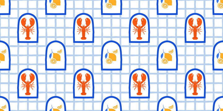 Vintage lobster seamless pattern. Italian sea food background illustration in hand drawn style. Retro mediterranean beach surface print design, summer vacation texture.