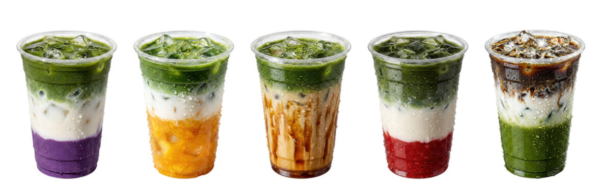 assorted layered matcha iced latte lineup with taro mango brown sugar strawberry and espresso in plastic takeaway cups on transparent background