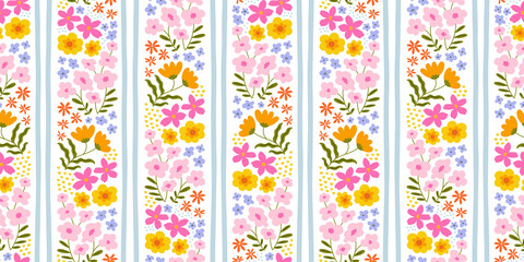Naklejka premium Colorful vintage flower garden art seamless pattern illustration. Retro nature floral background in hand drawn style. Spring season decoration texture, nature textile drawing print.