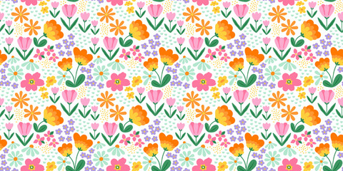 Naklejka premium Colorful vintage flower garden art seamless pattern illustration. Retro nature floral background in hand drawn style. Spring season decoration texture, nature textile drawing print.
