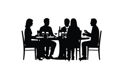 Fototapeta premium group of people dining at a table with wine and food black silhouette high quality professional detailed modern elegant stylish clean crisp vibrant colorful