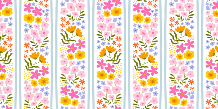 Colorful vintage flower garden art seamless pattern illustration. Retro nature floral background in hand drawn style. Spring season decoration texture, nature textile drawing print.
