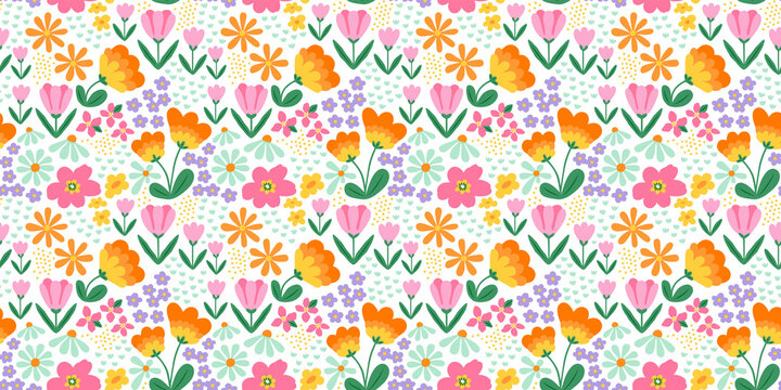 Colorful vintage flower garden art seamless pattern illustration. Retro nature floral background in hand drawn style. Spring season decoration texture, nature textile drawing print.