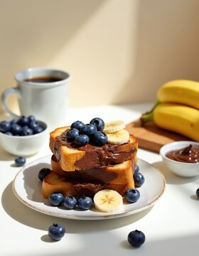 Stack of toasted bread slices topped with chocolate cream, blueberries and banana slices. Beside are coffee cup, extra berries and fruit on wooden board. Morning breakfast concept.