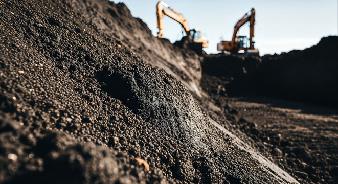 Raw damp earth texture with heavy machinery in background, construction site focus on dark soil for infrastructure development