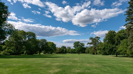 Fototapeta premium Public park features expansive green field and mature trees under bright sky with white fluffy clouds.