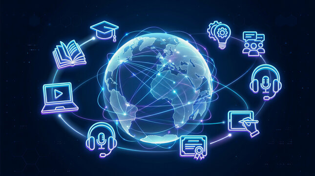 Digital education concept showing global connectivity with icons for learning, technology, and communication surrounding a glowing Earth.