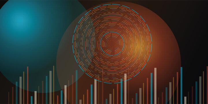 Abstract digital data visualization with circular HUD elements and bar graph futuristic technology background for analytics and finance