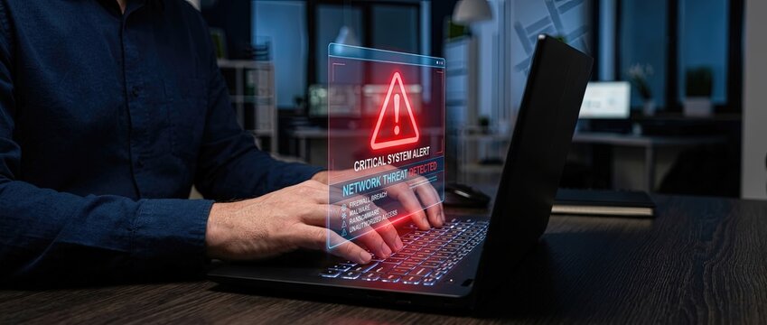 Critical security alert cyber threat response office environment digital content high-tech workspace close-up viewpoint risk management strategies for businesses