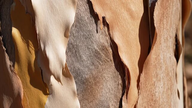 Peeling bark on a eucalyptus tree in golden sunlight