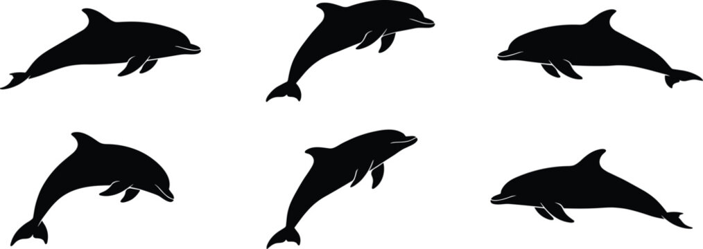 Dolphin silhouettes in swimming poses symbolizing marine life, ocean wildlife, aquatic movement, and graceful sea creatures