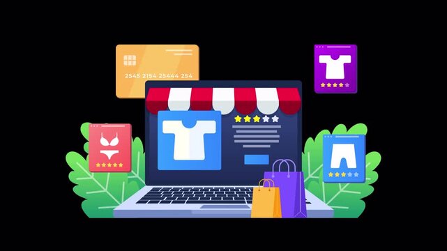 Digital illustration of online e commerce website with clothing products and payment credit card shopping concept