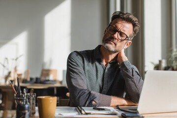Naklejka premium Employee with neck strain using a laptop at work