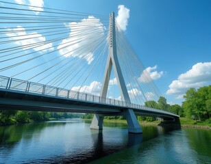 Obraz premium Modern cable-stayed bridge spans calm river under bright blue sky with white clouds. Lush green trees line riverbanks in summer. No people visible on this scenic structure.