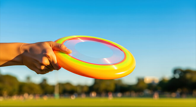 Hand launching a colorful frisbee in a sunny park, capturing dynamic motion and outdoor fun