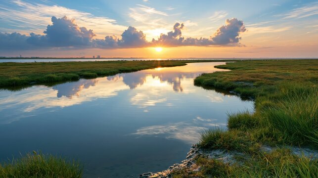 Scenic coastal marsh featuring a glowing sunset sky and calm reflective waters, capturing the tranquility of a natural wetland at dusk.