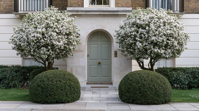 Green sculpted shrubbery framed by delicate white flowers in front of an arched stone doorway, emphasizing classical landscape design.