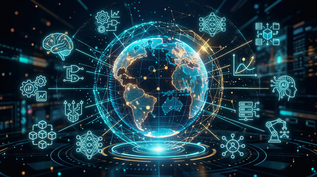 Digital globe surrounded by glowing icons representing artificial intelligence, data analytics, and global connectivity in a futuristic tech environment.