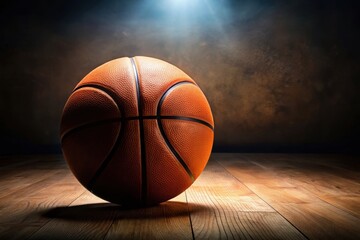 Obraz premium Single basketball under a spotlight on a wooden court creating a dramatic sports background