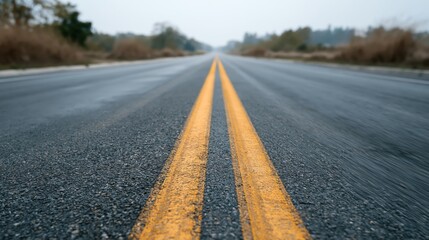 Obraz premium Close-up of blurred yellow and white road markings on grey asphalt during fast driving, perfect for concepts of speed and direction.