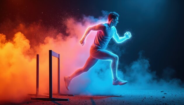 Athlete jumps hurdle with glowing neon outline and particles. Dynamic motion blur shows speed and power. Intense orange and blue smoke effects surround runner during race.