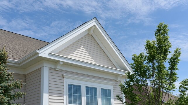 Close-up of residential roof architecture showing intricate white corbels and brackets on a vinyl siding gable under a bright sky.