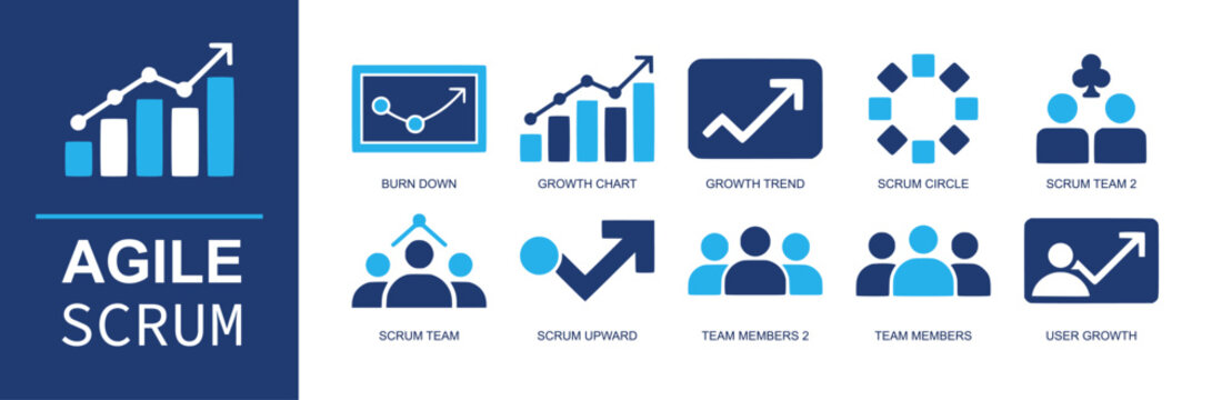 Agile scrum icon set. Containing burn down, growth chart, growth trend, scrum circle, scrum team, scrum upward, team members, user growth, sprint, agile and more. Solid fill vector icons.