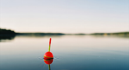 Naklejka premium Fishing float bobbing on calm lake at golden hour with reflection, serene outdoor hobby concept