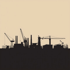 Fototapeta premium Industrial city vector silhouette illustration with factory smoke stacks, construction cranes, power plants, and machinery structures on cream background for architectural engineering design.