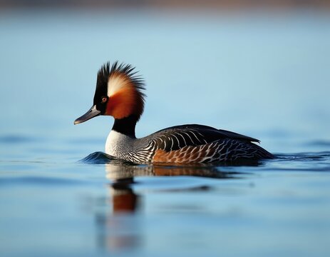 Male Red-breasted Merganser swims on calm blue water. Duck has crested head with orange white markings. Bird displays rich brown body feathers.