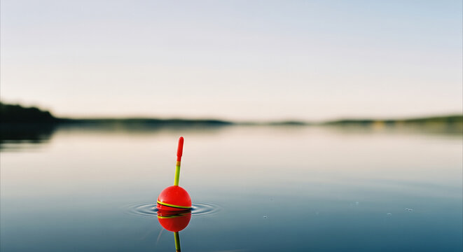 Fishing float bobbing on calm lake at golden hour with reflection, serene outdoor hobby concept