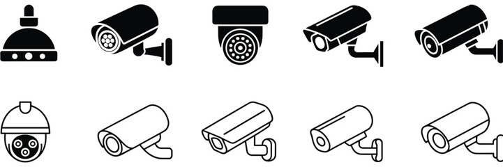 Collection of security camera icons in black and white on a white background Keywords: security camera, cctv, surveillance © Alifa