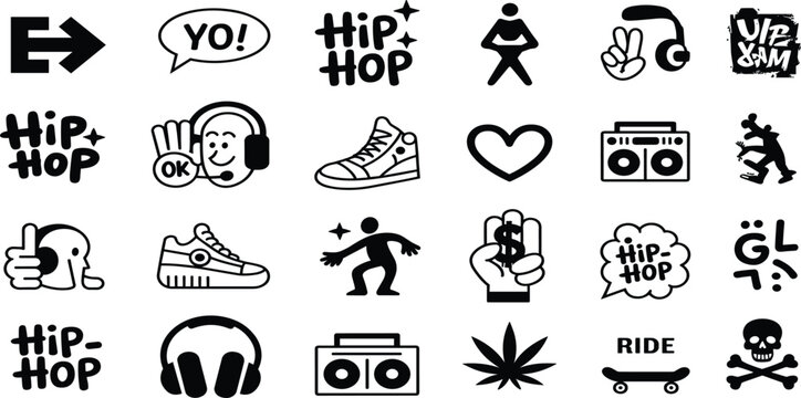 Collection of hip hop culture icons and symbols in black and white music