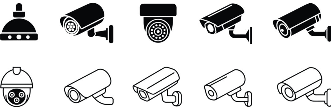 Collection of security camera icons in black and white on a white background Keywords: security camera, cctv, surveillance