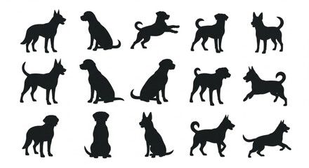 Fototapeta premium Detailed Dog Silhouettes Collection, Professional Vector Set of Various Canine Breeds in Standing, Sitting and Running Poses, High-Quality EPS Graphics for Pet Industry Design and Animal Branding.