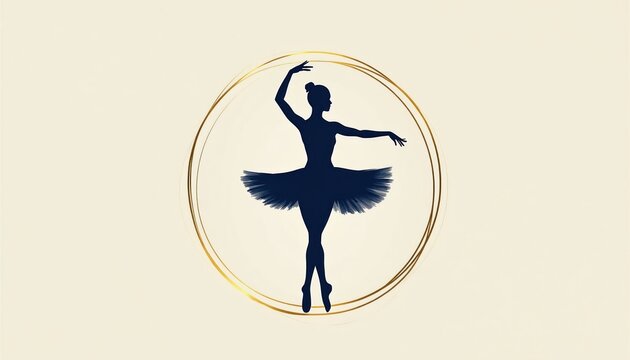 Dark blue ballerina silhouette in graceful pose. Elegant gold circle frames dancer performing ballet art. Classic symbol for dance studio or academy.