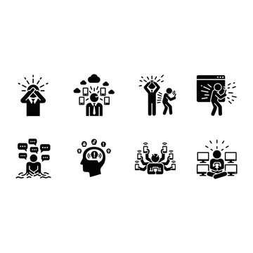 8 Information Overload icons featuring stressed people, digital burnout, outline solid styles, UI and web interface design