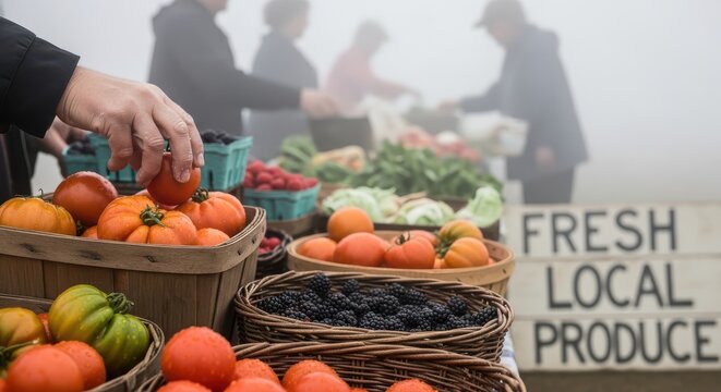 Fresh produce on display at a local farmers market with a variety of fruits