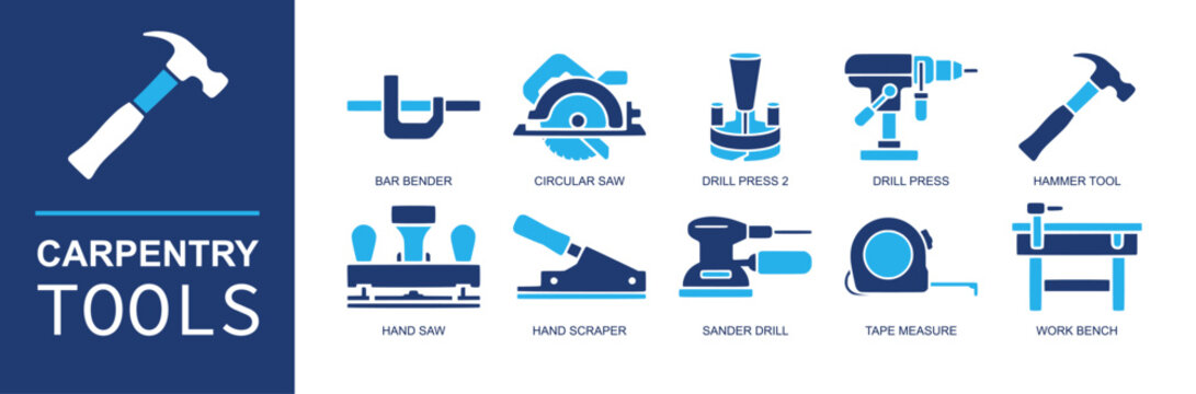 Carpentry tools icon set. Containing bar bender, circular saw, drill press, hammer, hand saw, hand scraper, sander, tape measure, work bench, woodwork and more. Solid fill vector icons.