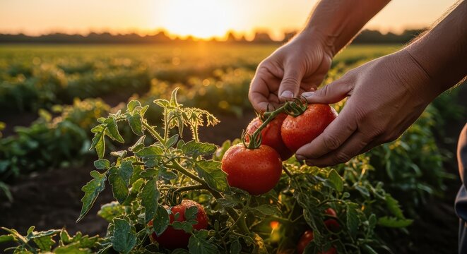 Hands picking fresh tomatoes from a lush green plant in a sunny field at sunset