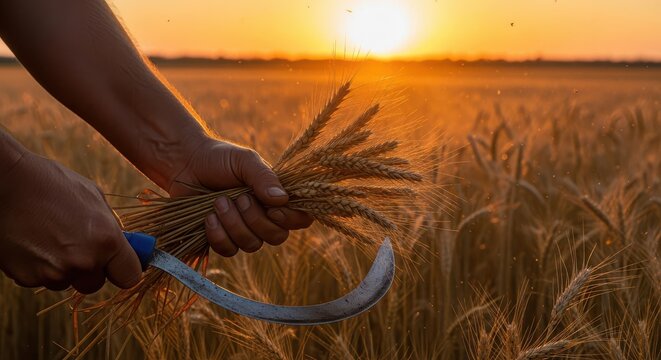 Person harvesting wheat with sickle in a field at sunset