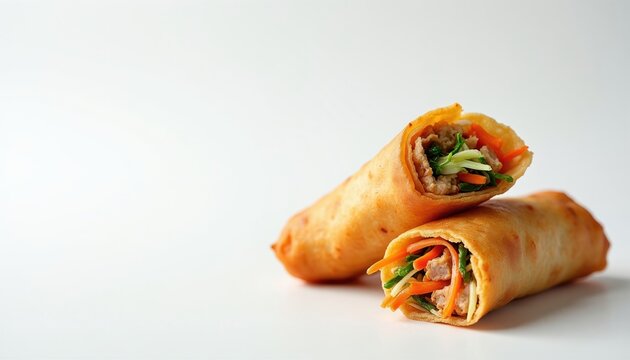 Two golden spring rolls sit on clean white surface. One roll sliced showing fresh vegetables, meat filling inside. Appetizer, snack, or meal option.